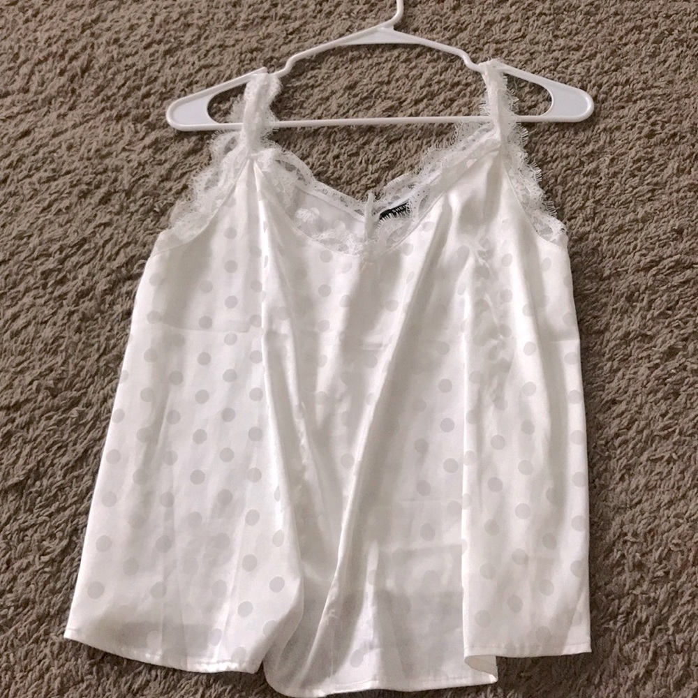 white silky tank with lace